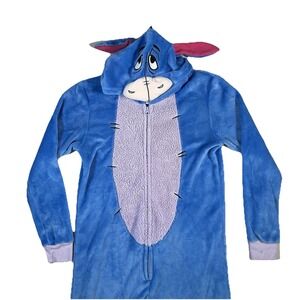 Disney Eeyore Hooded Union Suit Blue Plush Pajamas Medium 8-10
